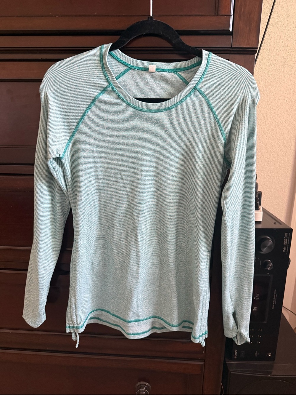 Lucy Women's Long Sleeve Performance Tee in Light Teal with Teal Stitching